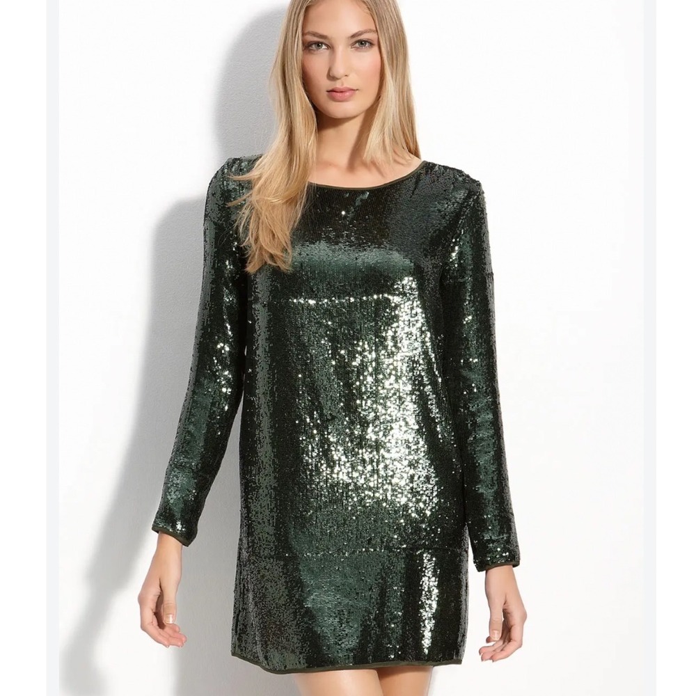 Haute Hippie Green Sequin Long Sleeve Shift Mini Dress XS